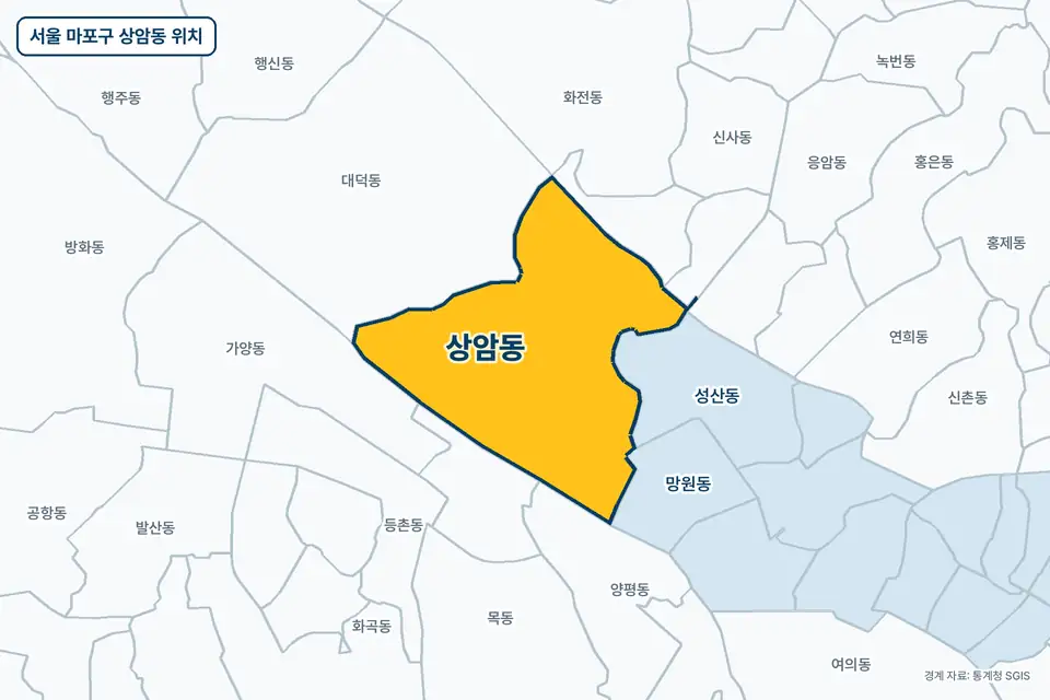 서울 마포구 상암동 지도 그림. 가운데 노란 부분이 상암동이고 주변에 대덕동, 성산동, 가양동, 양평동이 보인다.