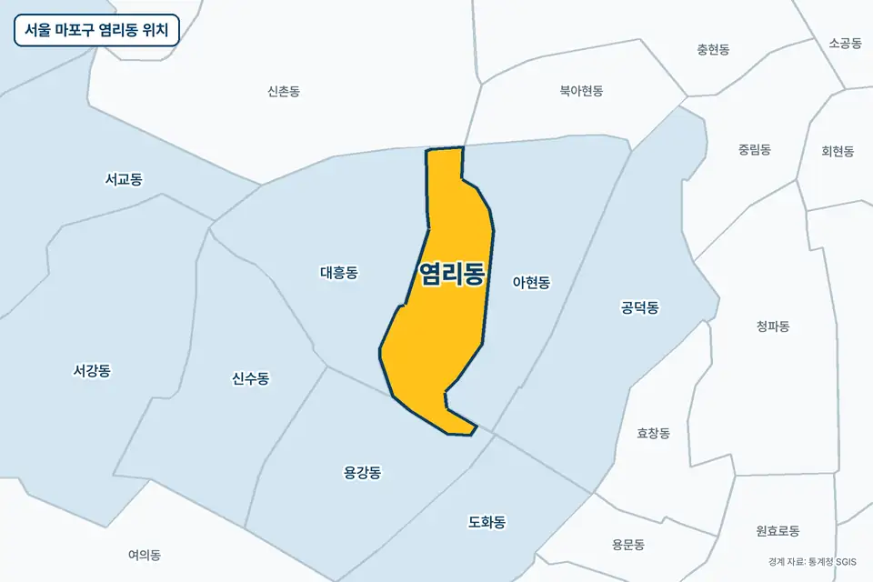 노란색으로 표시한 서울 마포구 염리동과 그 둘레의 아현동, 대흥동, 용강동, 신촌동을 그린 지도 그림.