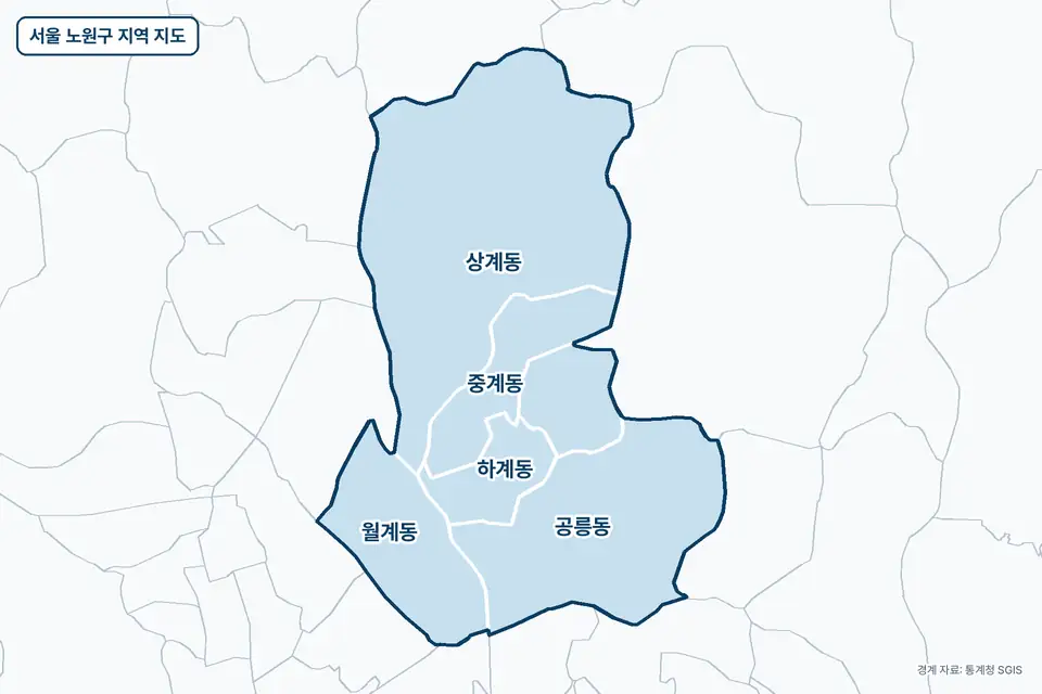 파란색으로 칠한 서울 노원구 지도 그림. 상계동, 공릉동, 월계동, 중계동을 비롯한 6곳의 경계와 이름이 보인다.