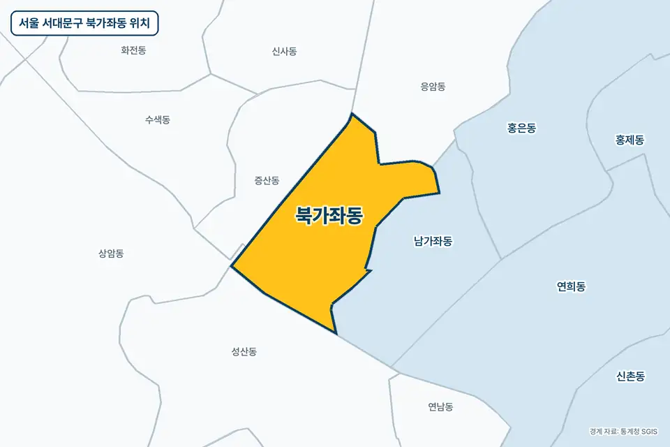 노란색으로 표시한 서울 서대문구 북가좌동과 그 둘레의 남가좌동, 증산동, 성산동, 응암동을 그린 지도 그림.