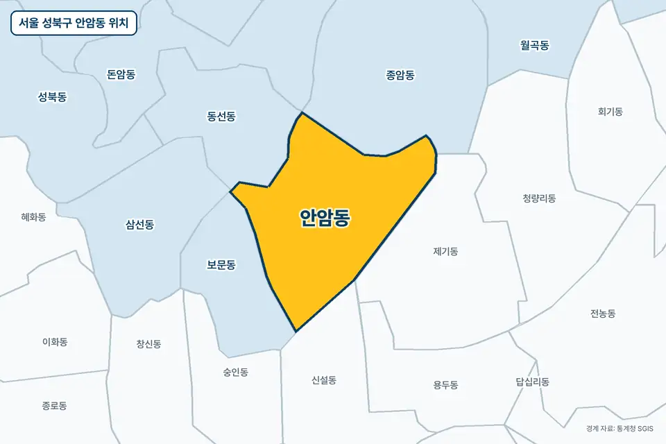 서울 성북구 안암동 지도 그림. 가운데 노란 부분이 안암동이고 주변에 종암동, 제기동, 보문동, 동선동이 보인다.