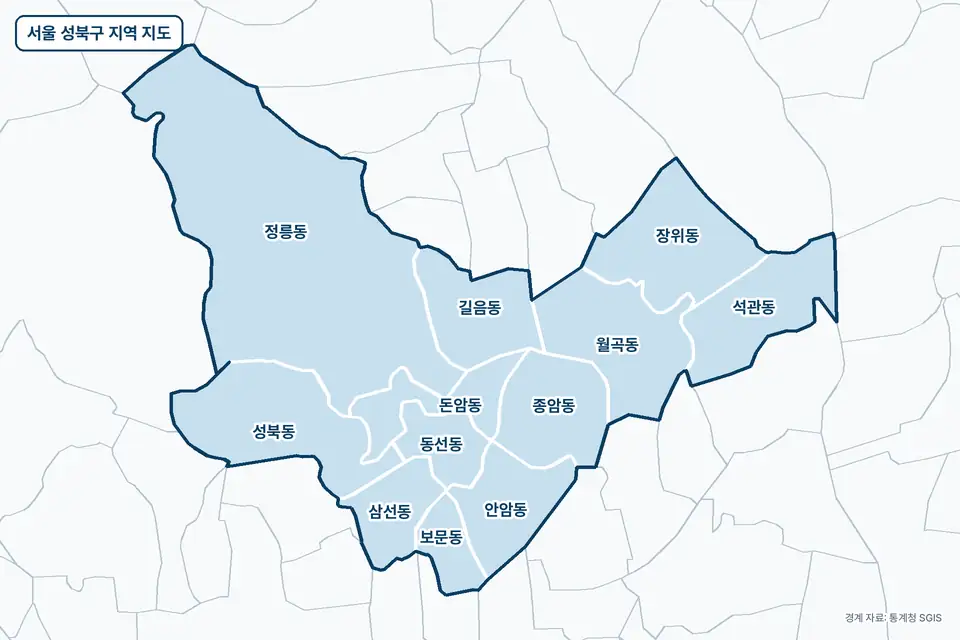 서울 성북구 지역 지도. 정릉동, 성북동, 월곡동, 장위동 등 12곳이 파란색으로 칠해져 있고 이름이 적혀 있다.