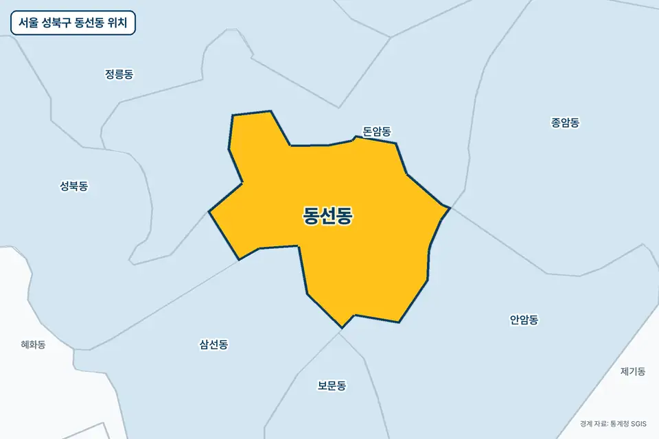 서울 성북구 동선동 지도 그림. 가운데 노란 부분이 동선동이고 주변에 돈암동, 안암동, 삼선동, 성북동이 보인다.