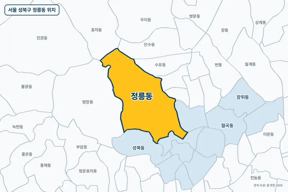 서울 성북구 정릉동 지도 그림. 가운데 노란 부분이 정릉동이고 주변에 평창동, 성북동, 수유동, 효자동이 보인다.