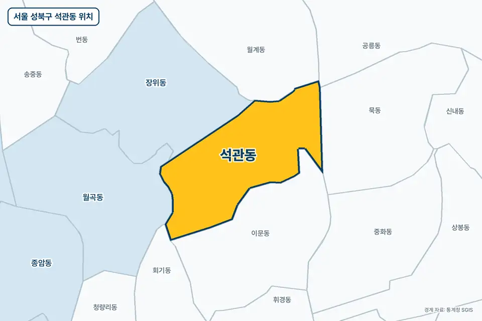 서울 성북구 석관동 위치 지도. 노란색으로 칠한 석관동 둘레에 이문동, 장위동, 월계동, 묵동 이름이 적혀 있다.