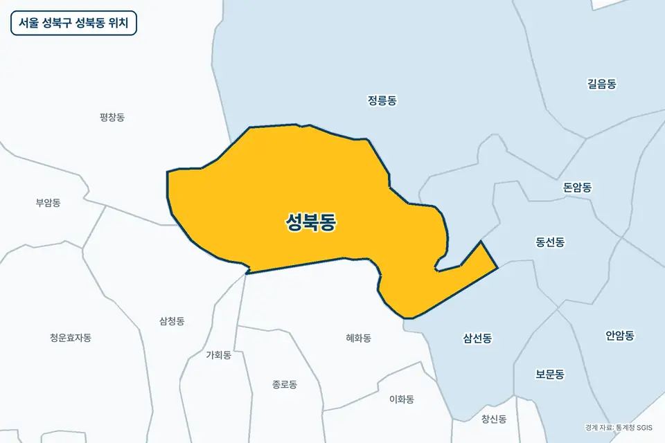 서울 성북구 성북동 위치 지도. 노란색으로 칠한 성북동 둘레에 정릉동, 혜화동, 돈암동, 평창동 이름이 적혀 있다.