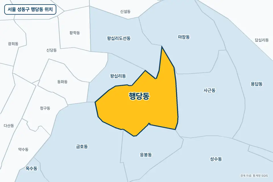 노란색으로 표시한 서울 성동구 행당동과 그 둘레의 응봉동, 왕십리동, 사근동, 금호동을 그린 지도 그림.