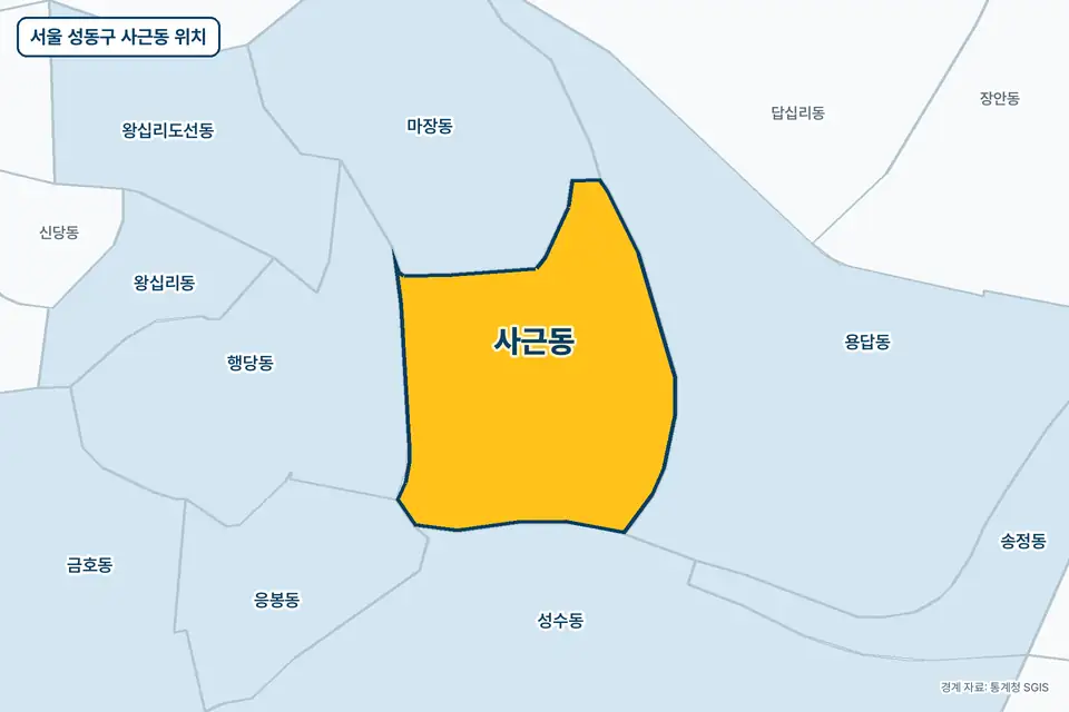 서울 성동구 사근동 지도 그림. 가운데 노란 부분이 사근동이고 주변에 용답동, 마장동, 성수동, 행당동이 보인다.
