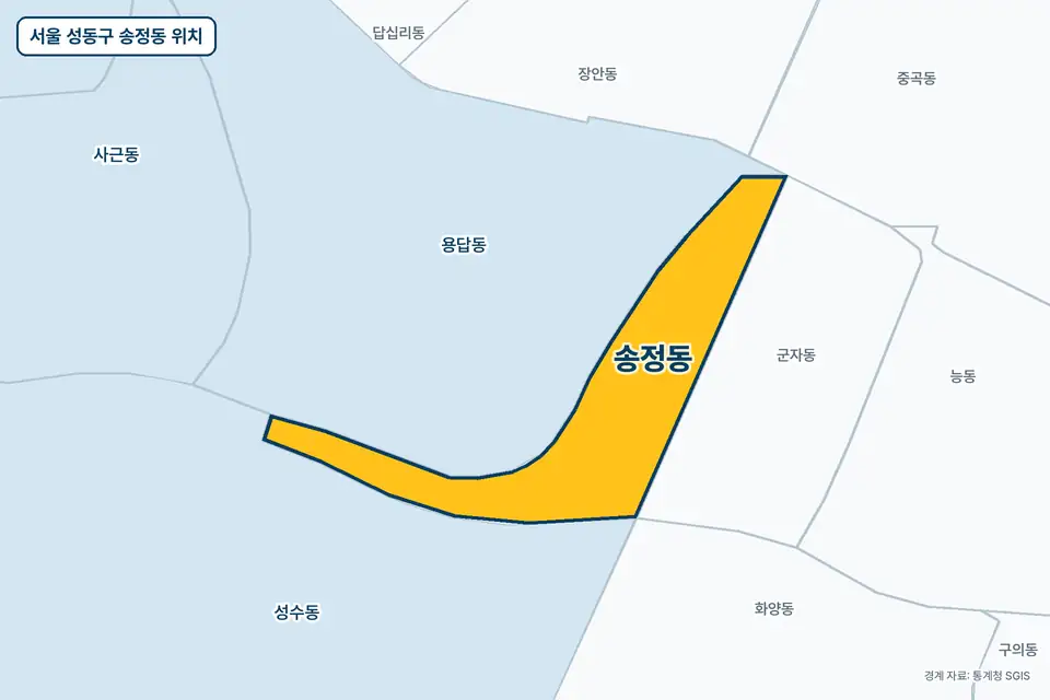 노란색으로 표시한 서울 성동구 송정동과 그 둘레의 용답동, 성수동, 군자동, 사근동을 그린 지도 그림.