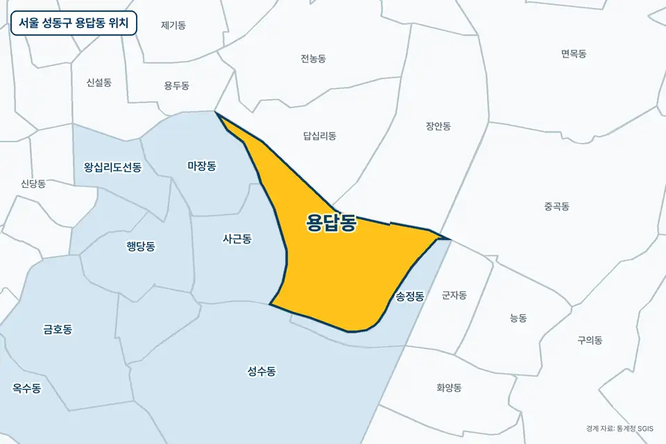 노란색으로 표시한 서울 성동구 용답동과 그 둘레의 송정동, 답십리동, 장안동, 사근동을 그린 지도 그림.