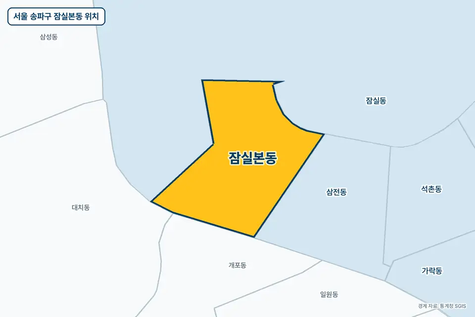 노란색으로 표시한 서울 송파구 잠실본동과 그 둘레의 잠실동, 삼전동, 개포동, 대치동을 그린 지도 그림.