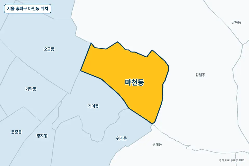 노란색으로 표시한 서울 송파구 마천동과 그 둘레의 감일동, 거여동, 위례동, 오금동을 그린 지도 그림.