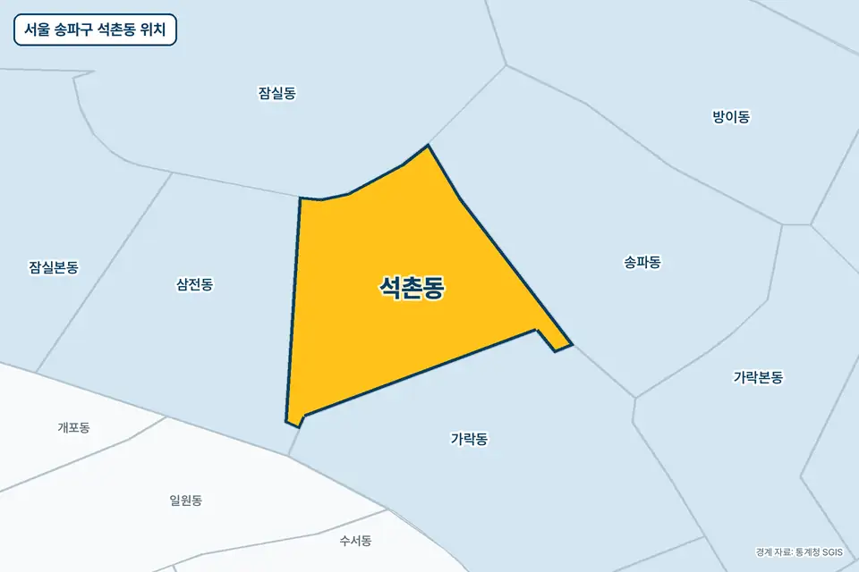 서울 송파구 석촌동 위치 지도. 노란색으로 칠한 석촌동 둘레에 가락동, 송파동, 삼전동, 잠실동 이름이 적혀 있다.