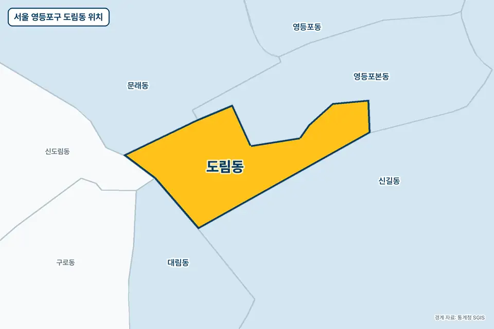 서울 영등포구 도림동 위치 지도. 노란색으로 칠한 도림동 둘레에 영등포본동, 신길동, 문래동, 대림동 이름이 적혀 있다.