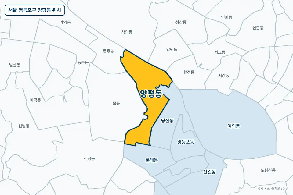 노란색으로 표시한 서울 영등포구 양평동과 그 둘레의 당산동, 목동, 문래동, 상암동을 그린 지도 그림.