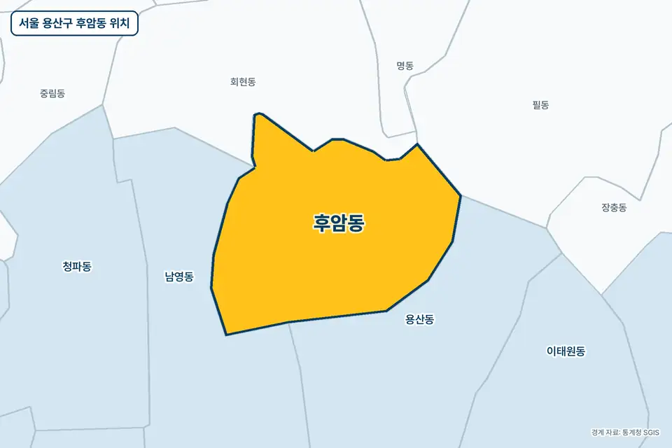 노란색으로 표시한 서울 용산구 후암동과 그 둘레의 회현동, 용산동, 남영동, 필동을 그린 지도 그림.
