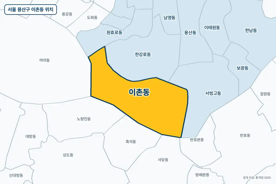 노란색으로 표시한 서울 용산구 이촌동과 그 둘레의 한강로동, 서빙고동, 흑석동, 노량진동을 그린 지도 그림.