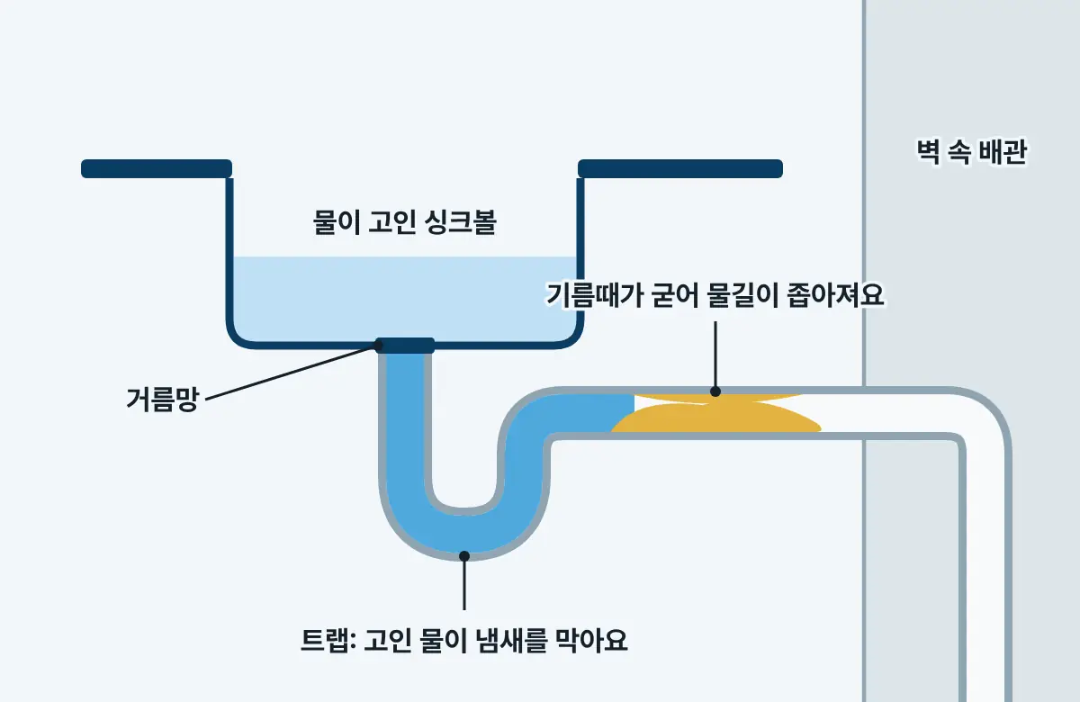 싱크대 아래 배관을 옆에서 본 그림. 싱크볼 아래로 굽은 트랩이 있고, 벽으로 이어지는 가로 배관 안에 기름때가 쌓여 있다.