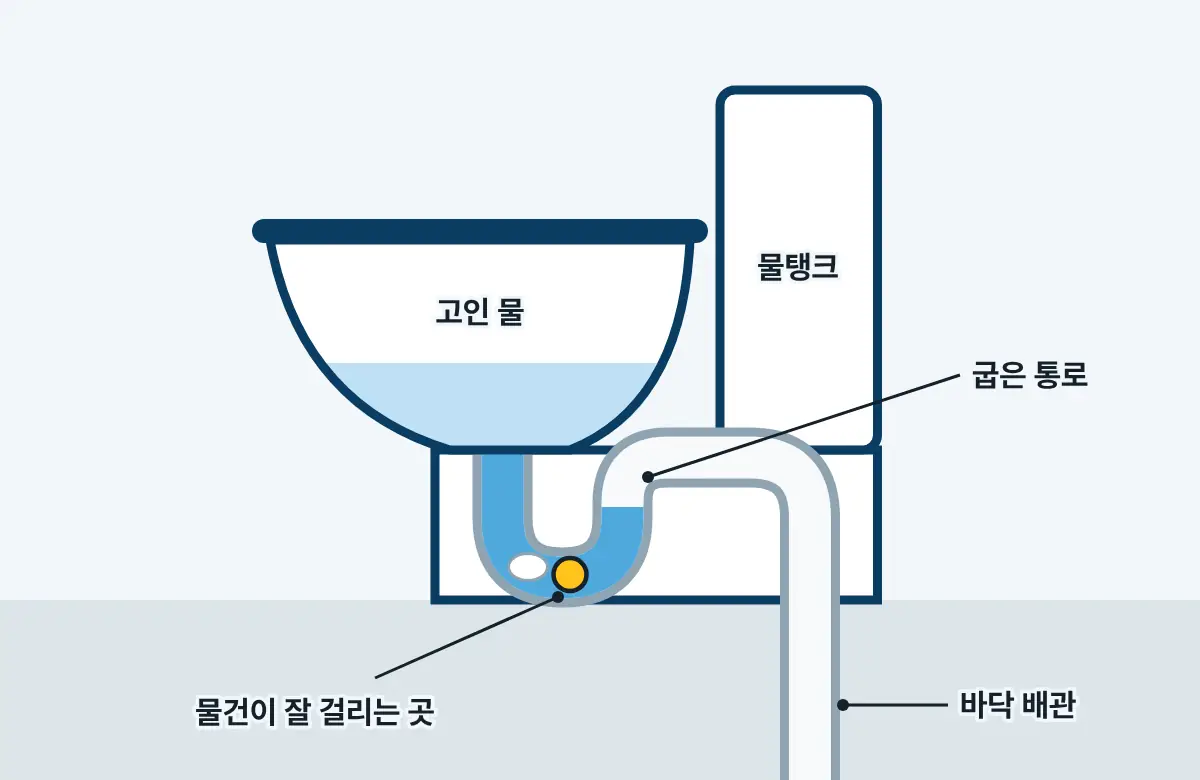 변기를 옆에서 자른 그림. 물이 고인 변기 안쪽에서 바닥 배관까지 통로가 굽어 있고, 굽은 곳에 물건이 걸려 있다.