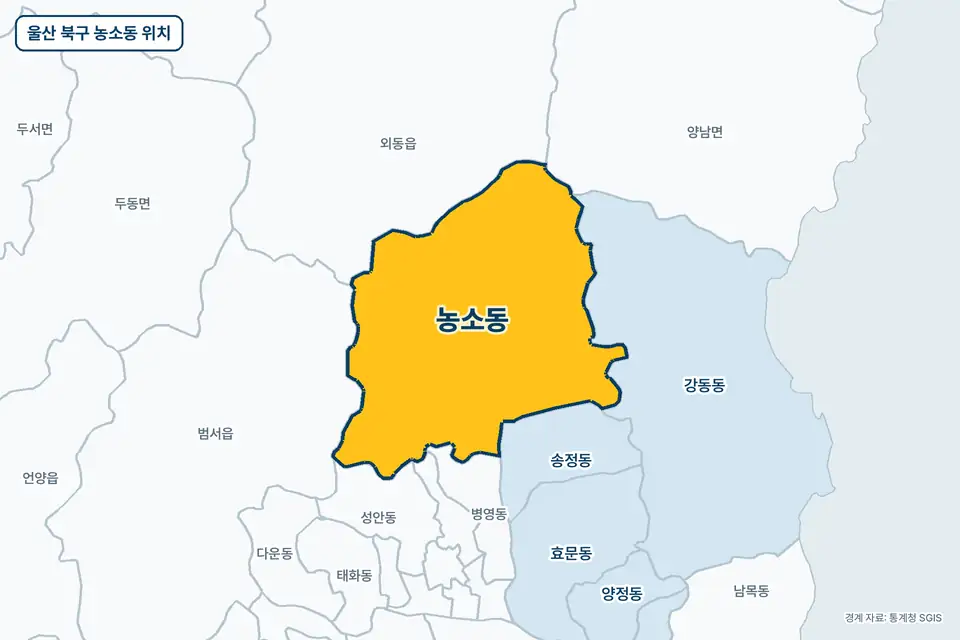 노란색으로 표시한 울산 북구 농소동과 그 둘레의 강동동, 범서읍, 송정동, 성안동을 그린 지도 그림.