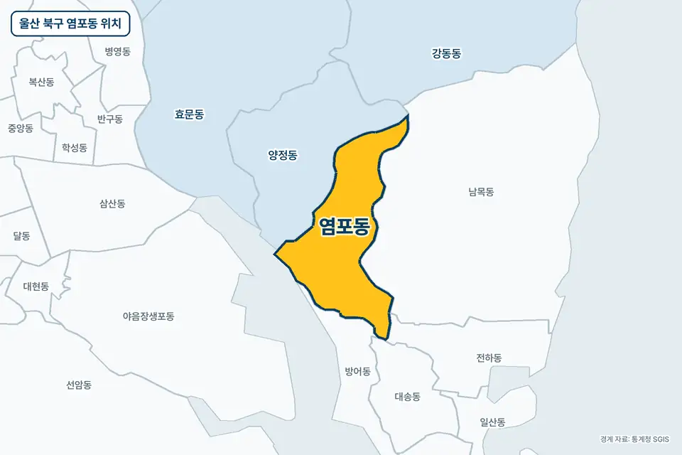 울산 북구 염포동 지도 그림. 가운데 노란 부분이 염포동이고 주변에 남목동, 양정동, 방어동, 전하동이 보인다.