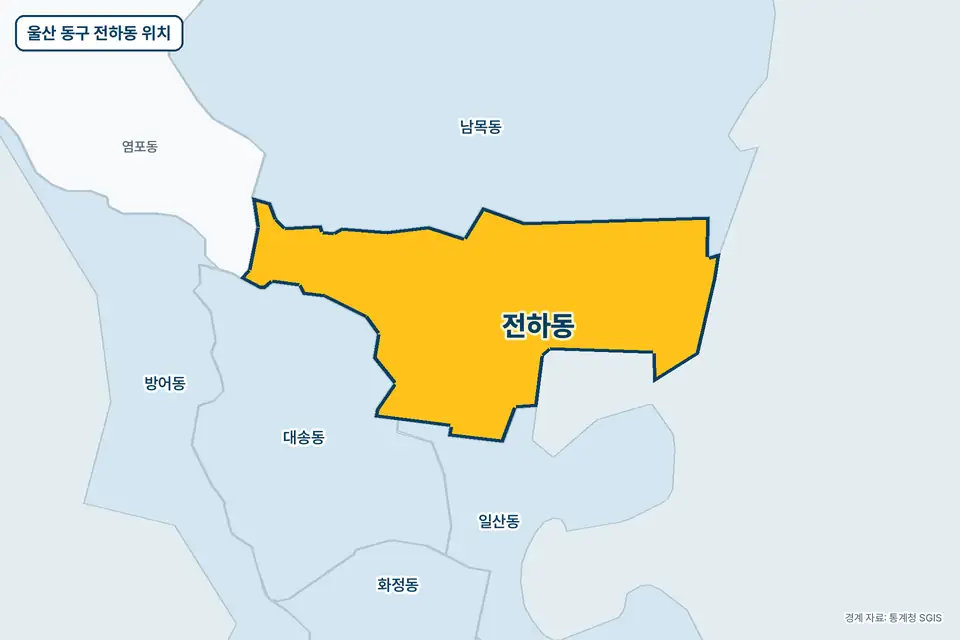 울산 동구 전하동 지도 그림. 가운데 노란 부분이 전하동이고 주변에 남목동, 대송동, 일산동, 염포동이 보인다.