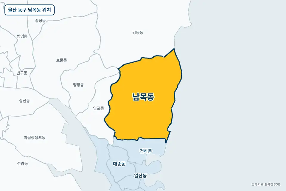 노란색으로 표시한 울산 동구 남목동과 그 둘레의 염포동, 강동동, 전하동, 양정동을 그린 지도 그림.