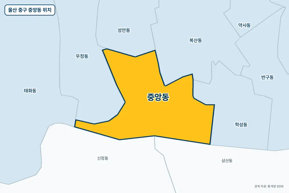 노란색으로 표시한 울산 중구 중앙동과 그 둘레의 우정동, 신정동, 학성동, 복산동을 그린 지도 그림.