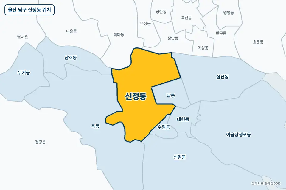 울산 남구 신정동 지도 그림. 가운데 노란 부분이 신정동이고 주변에 옥동, 달동, 태화동, 중앙동이 보인다.