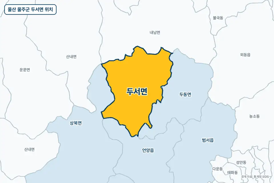 노란색으로 표시한 울산 울주군 두서면과 그 둘레의 두동면, 상북면, 언양읍, 내남면을 그린 지도 그림.