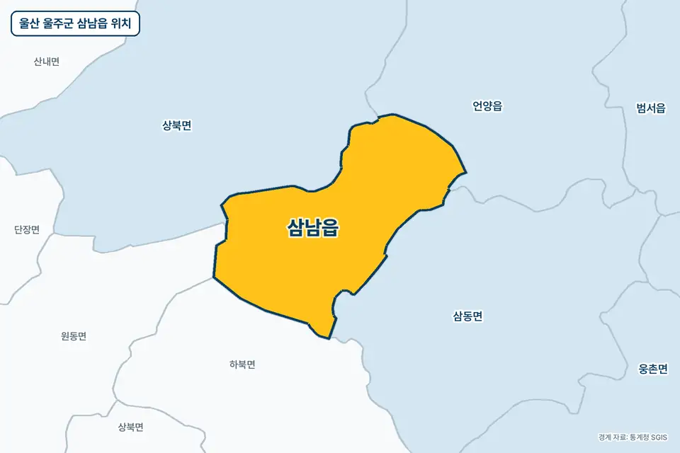 울산 울주군 삼남읍 위치 지도. 노란색으로 칠한 삼남읍 둘레에 상북면, 삼동면, 언양읍, 하북면 이름이 적혀 있다.