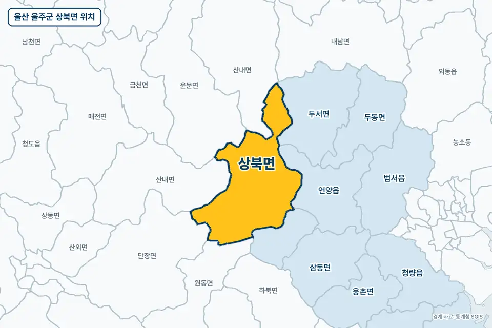노란색으로 표시한 울산 울주군 상북면과 그 둘레의 언양읍, 두서면, 단장면, 매전면을 그린 지도 그림.